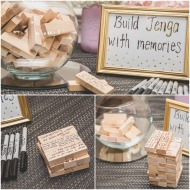 Build Jenga with memories game. Write your favorite memory of you and the bride on a jenga block. Pink, Gold, and White Bridal Shower. Nicole Klym Photography.
