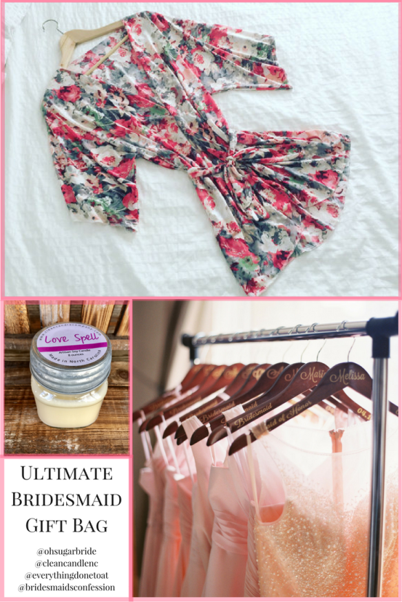 Jersey Knit Floral Robe, Wooden Bridal Hangers, Soy Candle. Part of the Ultimate Bridesmaid Gift Bag.