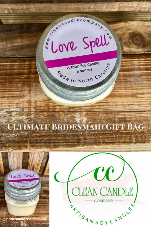 Love Spell Soy Candle in the Ultimate Bridesmaid Gift Bag. Clean Candle Company NC.